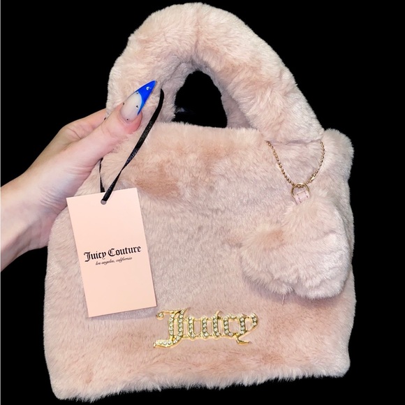Juicy Couture Fluffy Faux Fur Light Pink Mini Tote Bag NWT VIRAL RARE free love - Picture 5 of 6